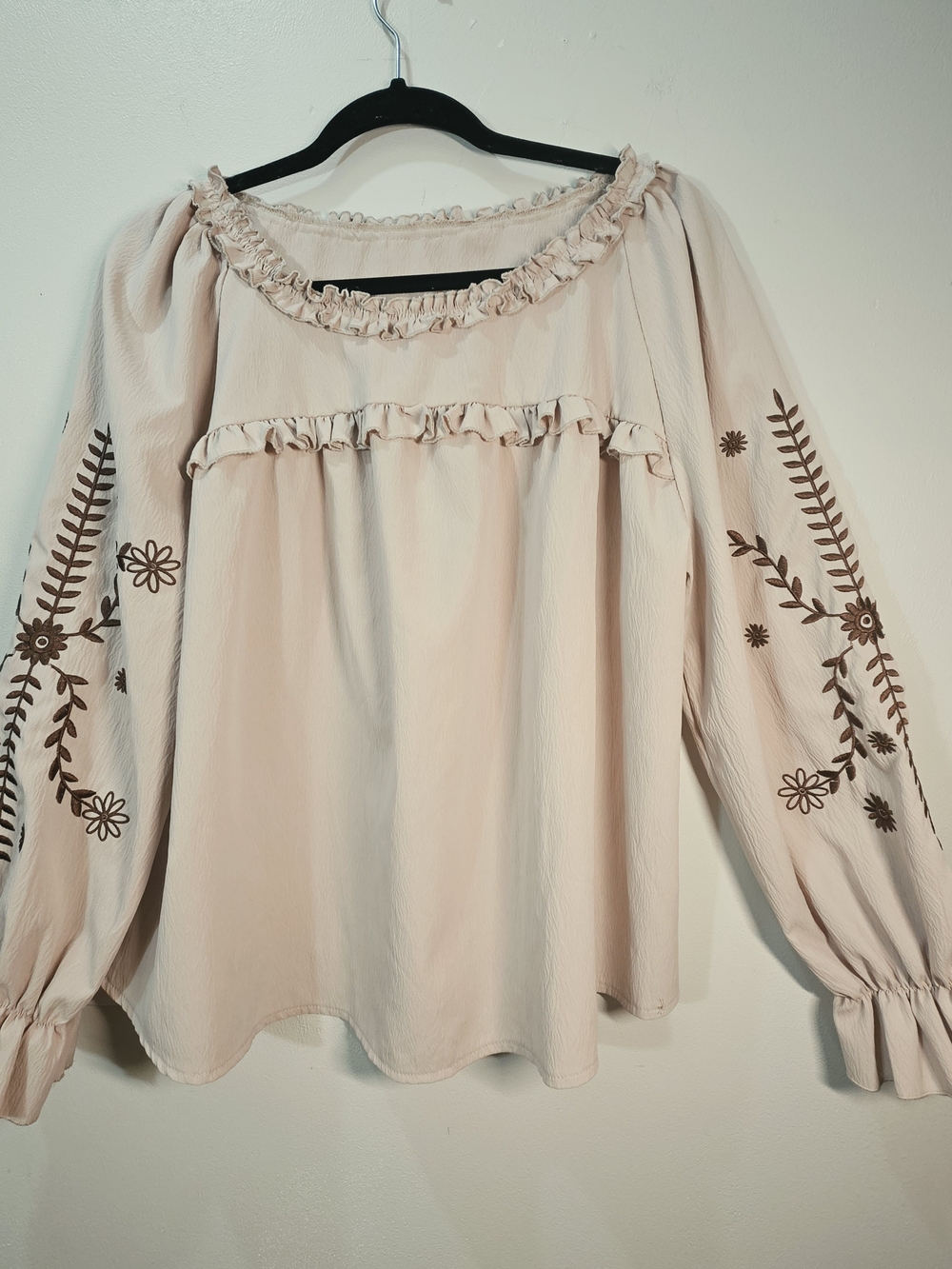Tan Embroidered Ruffle Peasant Blouse - Women Tops M-L Renaissance Faire Western